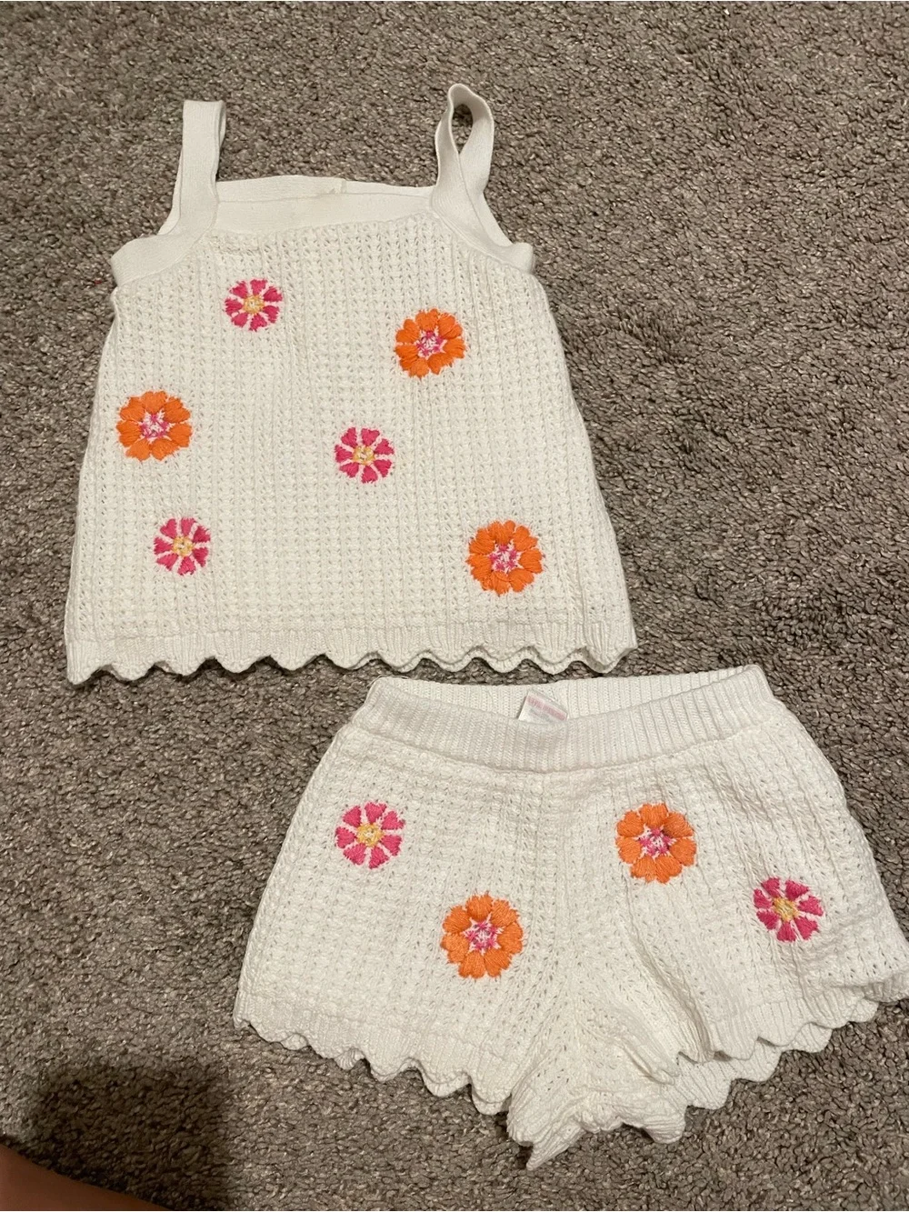 C&C California Cream Crochet Tank & Shorts Set with Pink and Orange Flowers